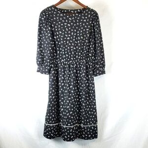 Vintage Black and White Floral Cottagecore Midi‎ Dress